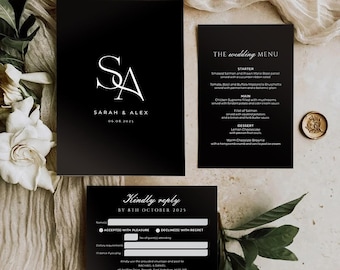 Black Monogram Wedding Invitation Set  With Envelopes, Finer Details, Menu Choices, RSVP + Menu - A5 Wedding Invites