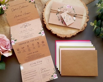 Rustic Wedding Invitation Set Featuring Pink & White Florals  - Luxury Wedding Invites With Tags, Rustic Twine and Choice of Envelopes