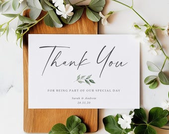 Greenery Leaf Wedding Thank You Cards With Envelopes - Any Thank You Message or Wedding Favour Message