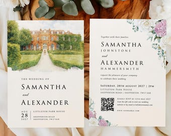 Wedding Invitation with Envelopes Watercolour | YOUR IMAGE - Venue transformed to Watercolour | Illustration A6 size