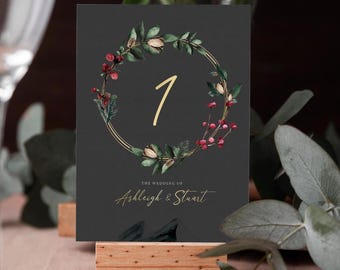 Winter Christmas Table numbers or Table Names | Black & Gold | A5 double sided cards | Weddings | Dinner or Gala Event