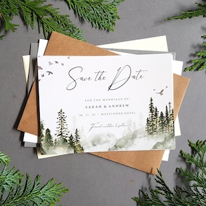 Forest Save the Date Cards Or Save the Evening or Weekend With Envelopes - Woodland Pine Trees Mountains - Save the Date