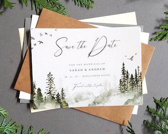 Forest Save the Date Cards Or Save the Evening or Weekend With Envelopes - Woodland Pine Trees Mountains - Save the Date