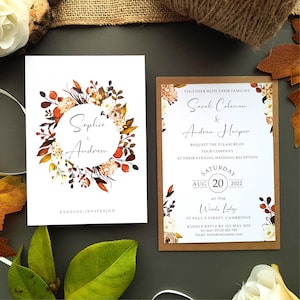 Convites de casamento de outono ou convites para recepção noturna, incluindo envelopes, convites de casamento de cartão plano A6 floral boho de outono