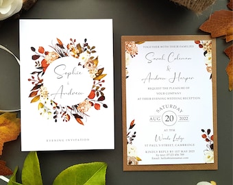 Autumn Wedding Invitations or Evening Reception Invitations Including Envelopes, Fall Boho Floral A6 Flat Card Wedding Invites