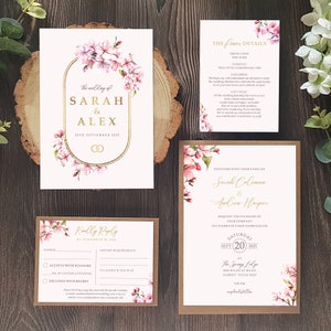 Cherry Blossom Wedding Invitation Set With Envelopes - Gold - Finer Details, Menu Choices, RSVP + Menu - A5 Wedding Invites