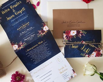 Blue Floral Wedding Invitation Set  - Personalised Wedding Invites  With Envelopes - Burgundy Wedding Invites