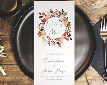 Autumn Wreath Wedding Menus - Boho Personalised Wedding Menus for the venue - DL Size Menus - Wedding Table Decorations