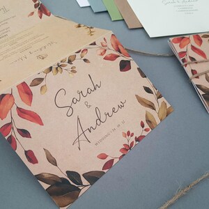 Rustic Autumn Fall Wedding Invitation Set , Eucalyptus Concertina Trifold Luxury Wedding Invites With Personalised Tag, Twine & Envelopes image 3