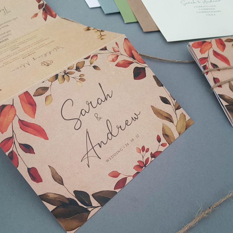 Rustic Autumn Fall Wedding Invitation Set , Eucalyptus Concertina Trifold Luxury Wedding Invites With Personalised Tag, Twine & Envelopes image 3