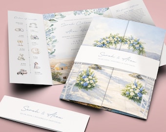 Blue & White Floral hydrangeas Watercolour Wedding Invitation Set | YOUR IMAGE transformed to Watercolour |  Personalised Gatefold