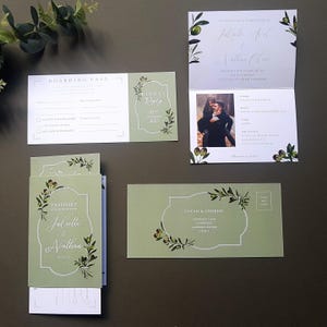 Passport Wedding Invitation Set  In Any Colour Including Envelopes - Boarding Pass RSVP For Destination Wedding - Olive Sage Green