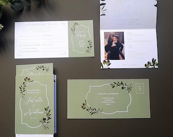 Passport Wedding Invitation Set  In Any Colour Including Envelopes - Boarding Pass RSVP For Destination Wedding - Olive Sage Green
