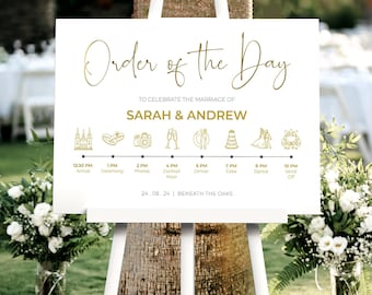 Gold Order of the Day Wedding Welcome Sign In Any Colour, A1, A2 Personalised Wedding Signs, Welcome Wedding Board