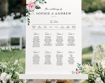Pink & White Floral Wedding Seating Chart, A1, A2 Personalised Wedding Table Plan, Wedding Decor, Table Planner, Seating Chart Sign - Purple