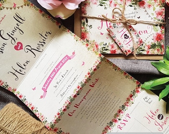 Floral Wedding Invitation Set  With Envelopes, Tag & Rustic Twine - Concertina Trifold Luxury Wedding Invites Evening Invitation