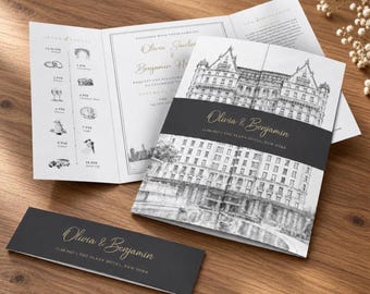 Custom Venue Sketch Wedding Invitations, Bespoke Gatefold Invite, Personalised Black Gold Design