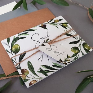 Olives Wedding Invitation Set  - Concertina Trifold Wedding Invites With Tags, Rustic Twine & Envelopes - Destination Wedding Abroad