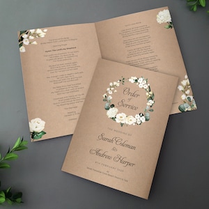 Ordine del servizio floreale bianco rustico per matrimoni / Ordine del giorno / A4 piegato in programmi di matrimonio o opuscoli A5