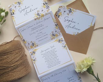 White Gold Wedding Invitation Set, Floral Concertina Wedding Invites Or Reception Invites With Envelopes,  RSVP & Guest Info - Any Colour