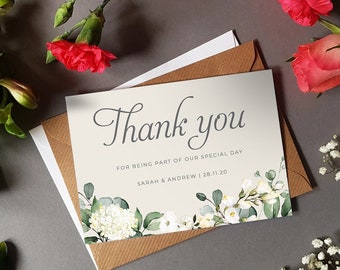 White Floral Wedding Thank You Cards With Envelopes - Any Thank You Message or Weddng Favour Message