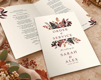 Burgundy Autumn Wedding Order of Service | Customizable Ceremony Program (4-12 Pages)