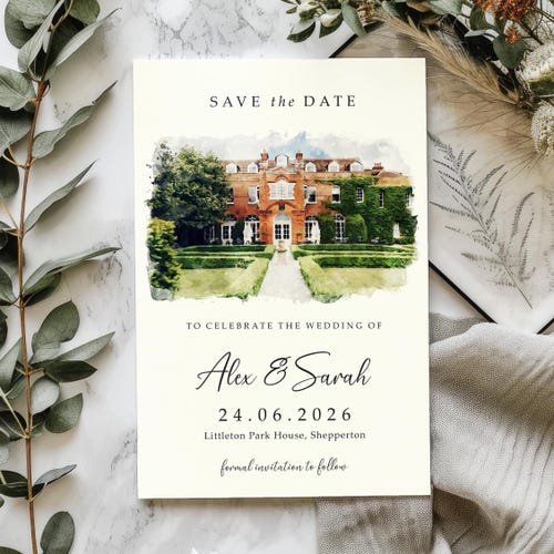 Individuell gestaltete Save-the-Date-Karte für die Hochzeitslocation, Aquarell-Skizzenzeichnung