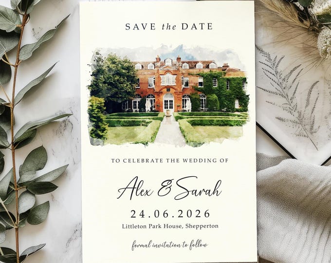 Featured listing image: Custom Venue Save the Date Card with FREE Envelopes, YOUR IMAGE, Watercolour Wedding Venue, Sketch Painting  Save the Dates