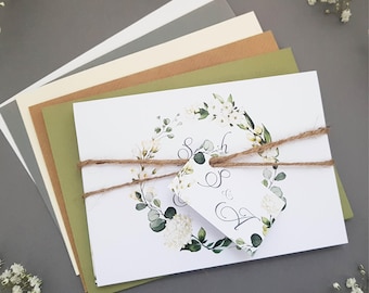 White Floral & Greenery Wedding Invitation Set  With Tags, Rustic Twine + Choice of Free Envelopes, Folded Trifold Luxury Wedding Invites