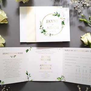 Gold Wedding Invitation Set With Envelopes Featuring White Floral & Greenery, Trifold Luxury Wedding Invites or Reception Invitations