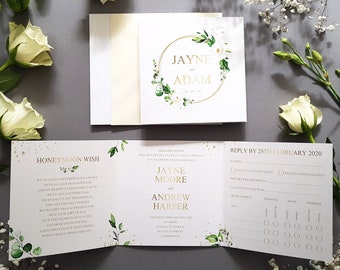 Gold Wedding Invitation Set With Envelopes Featuring White Floral & Greenery, Trifold Luxury Wedding Invites or Reception Invitations