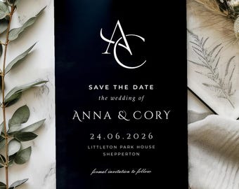 Black & White Save the Date Cards or Save the Evening or Weekend With Envelopes - Monogram Design in Any Colour - Save the Dates