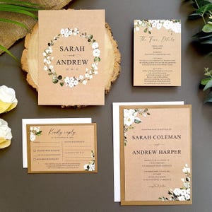 Rustic Wedding Invitations Set  - White Floral Greenery Wreath Wedding Invites With Envelopes - A5 Size