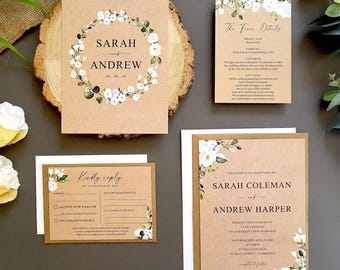 Rustic Wedding Invitations Set  - White Floral Greenery Wreath Wedding Invites With Envelopes - A5 Size