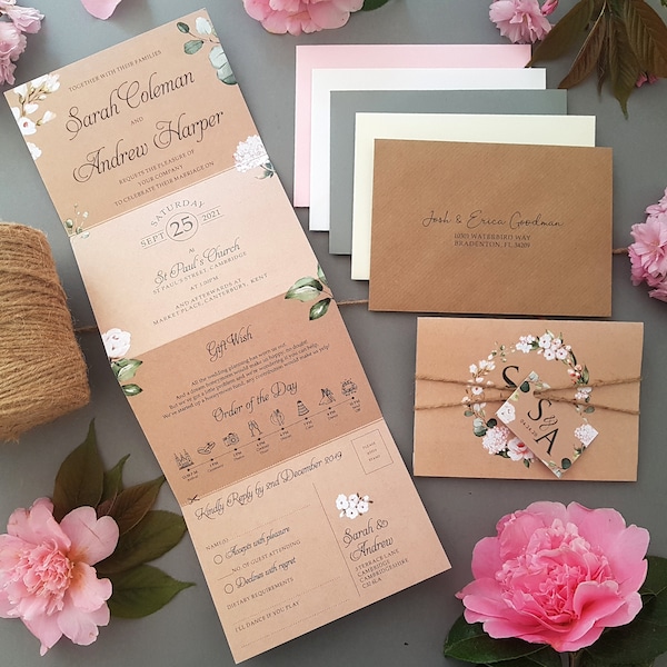 Rustic Pink Wedding Invitation Set  - Personalised Luxury Concertina Wedding Invite With Tags, Rustic Twine and Choice of Envelopes