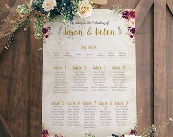 Burgundy Floral Wedding Seating Chart, A1, A2 Personalised Wedding Table Plan, Wedding Decor, Table Planner, Seating Chart Sign