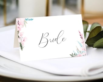 Boho Floral Place Cards: Pink & Blue Wedding Place Settings Table Decor