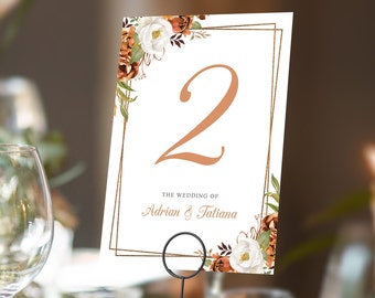 Autumn Fall Table Numbers or Table Names | Any Colour Font | Floral A5 double sided cards | Weddings | Dinner or Gala Event