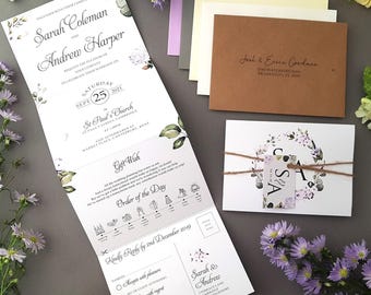 Lilac Wedding Invitation Set  - Concertina Trifold Wedding Invites With Tags, Rustic Twine & Envelopes