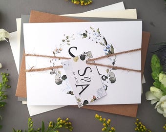 Cornflower Blue Wedding Invitation Set  - Personalised Wedding Invites  With Envelopes - Kraft Greenery Wedding Invites