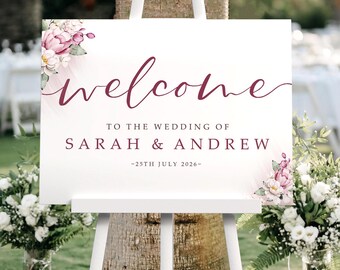 Pink floral Wedding Welcome Sign, A1, A2 Personalised Wedding Signs, Wedding Decor, Wedding Gift, Welcome Wedding Board, Peonies