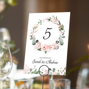 Blush roze gebloemde tafelnummers of tafelnamen | Lettertype in elke kleur | Dubbelzijdige A5-kaarten | Bruiloften | Diner of gala-evenement