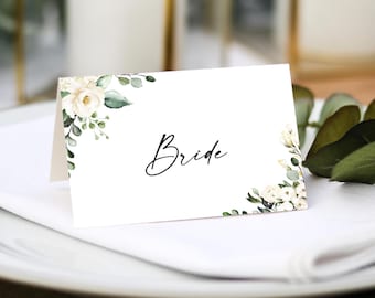 White Floral Wedding Place Cards |  Guest Name Printing Included + Menu Choices | Wedding Place Settings | Name Place Cards