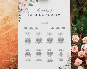 Blush Rose Wedding Seating Chart, A1, A2 Personalised Wedding Table Plan, Wedding Decor, Table Planner, Seating Chart Sign