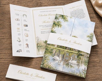 Custom Watercolour Wedding Invitation with YOUR IMAGE of venue, Gatefold with Belly Band & Envelopes