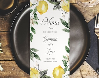 Lemon Personalised Wedding Menus - DL Size Menus - Personalised Wedding Menus for the venue - Wedding Table Decorations - Wedding Decor