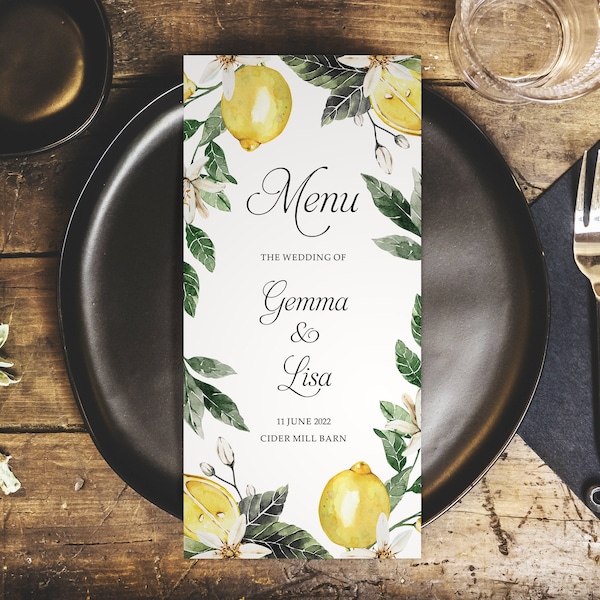 Lemon Personalised Wedding Menus - DL Size Menus - Personalised Wedding Menus for the venue - Wedding Table Decorations - Wedding Decor