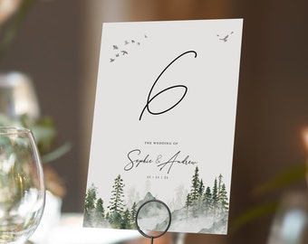 Misty Forest Table numbers or Table Names | Any Colour Font | A5 double sided cards | Weddings | Dinner or Gala Event