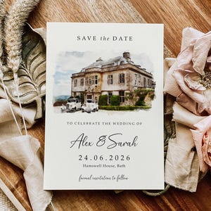 venue illustration save the date cards including envelopes, venue sketch watercolour save the dates or save the evening
