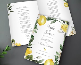 Lemon Order of Service for Weddings | Order of the Day | A4 folded to A5 Wedding Programmes - Destination Italy, Greece